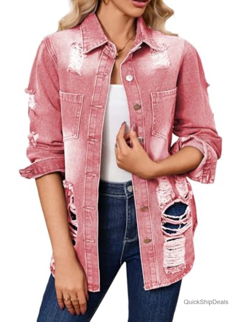Long Denim Jacket Women Classic Trucker Ripped Oversized Jean Coat - Picture 4 of 5